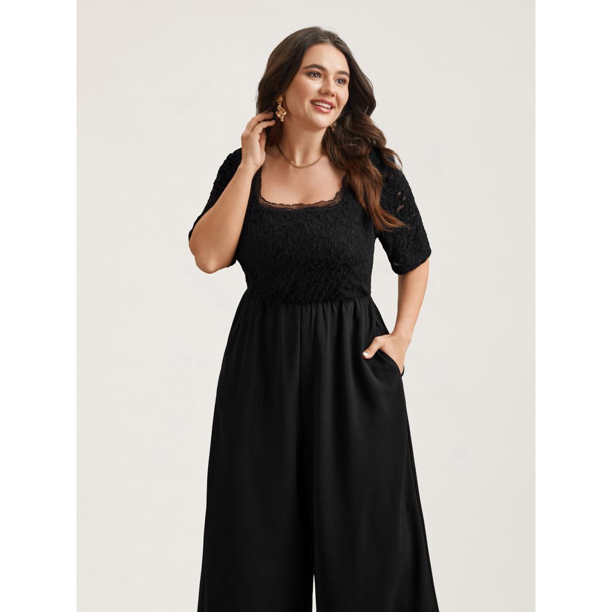 Plus Size Black Textured Lace Spliced Square Neck Jumpsuit Women Elegant Short sleeve Square Neck Everyday-Elegant Loose Jumpsuits BloomChic 22-24/3X Product Image