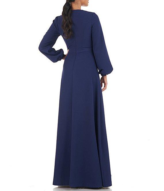 Kay Unger Ruched Jewel Neck Long Blouson Sleeve Stretch Crepe Gown Product Image