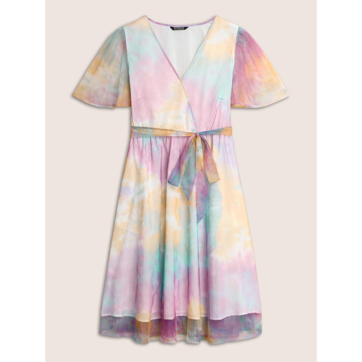 Plus Size Tie Dye Wrap Belted Midi Dress Multicolor Women Elegant Belted Overlap Collar Short sleeve Curvy BloomChic 30/6X Product Image
