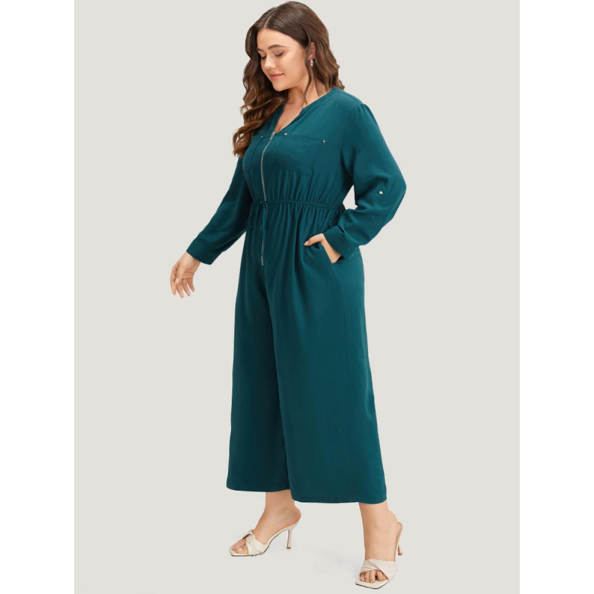 Plus Size Aegean Notched Zipper Gathered Drawstring Jumpsuit Women Office Long Sleeve Notched collar Office Loose Jumpsuits BloomChic 12/L Product Image