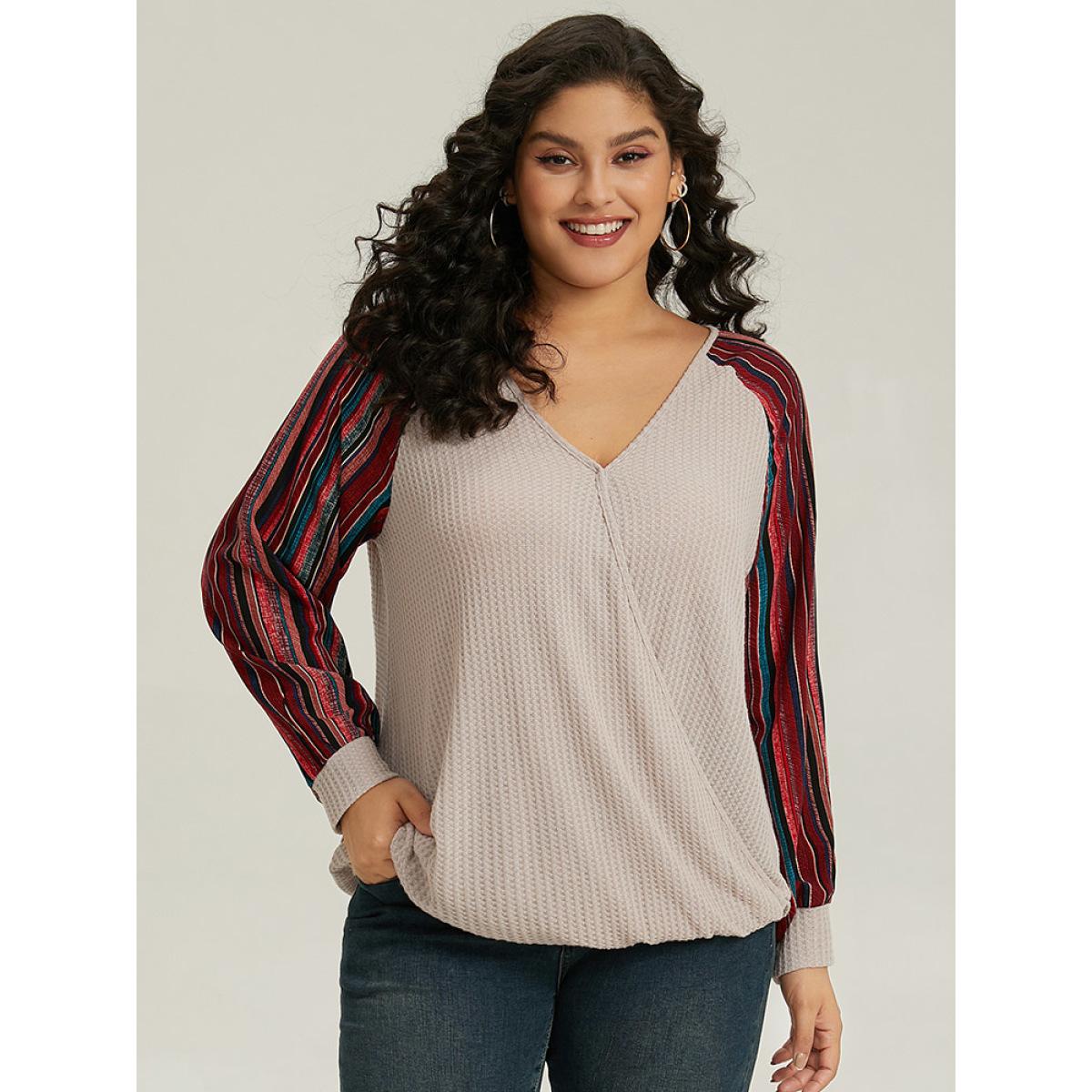 Plus Size Bandana Print Patchwork V Neck Raglan Sleeve T-shirt LightBrown Women Casual Elastic cuffs Bohemian Print Overlap Collar Dailywear T-shirts BloomChic 10/M Product Image