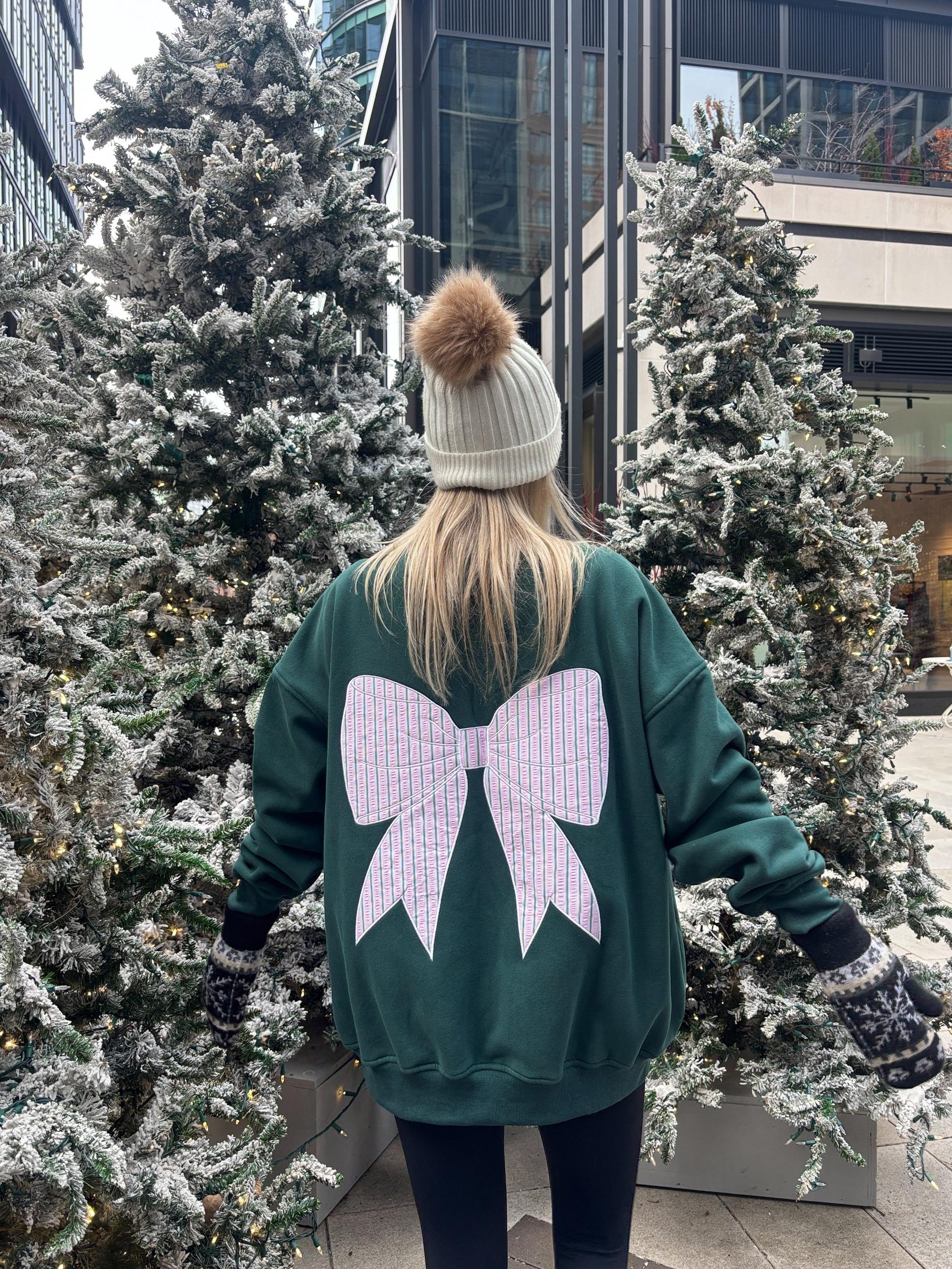 Winter Green Striped Bow Embroider Sweatshirt Product Image