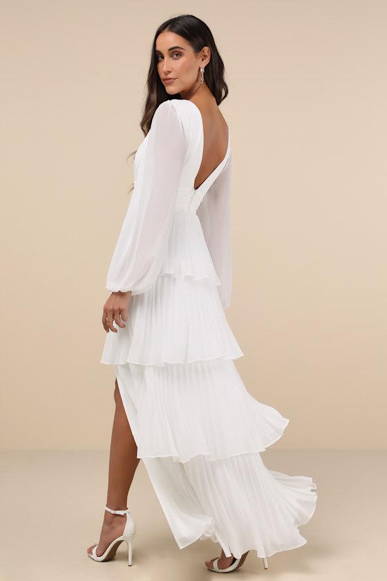 Graceful Finesse White Pleated Long Sleeve Maxi Dress Product Image