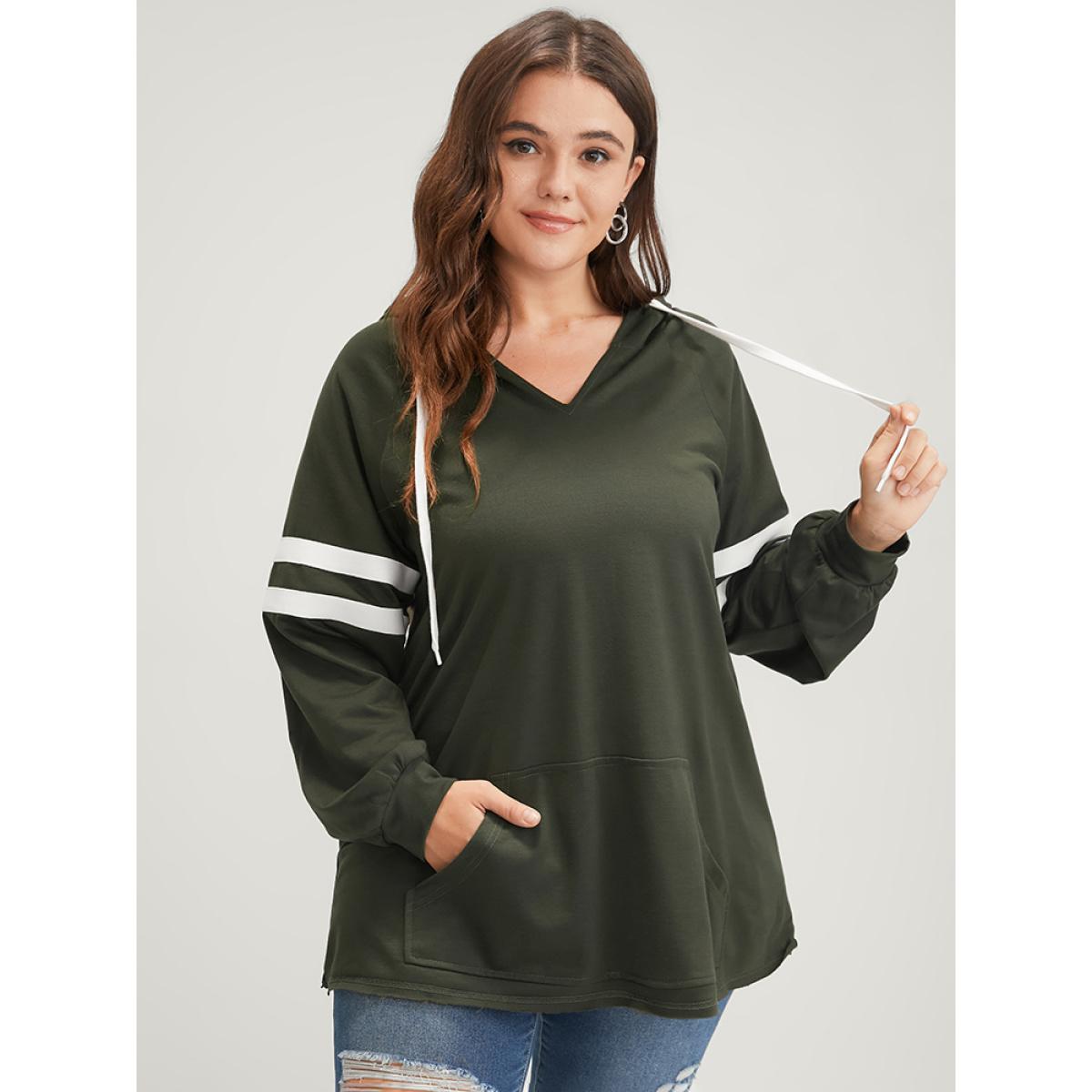 Plus Size Solid Contrast Pocket Drawstring Hooded Sweatshirt Women ArmyGreen Casual Contrast Hooded Dailywear Sweatshirts BloomChic 14-16/1X Product Image