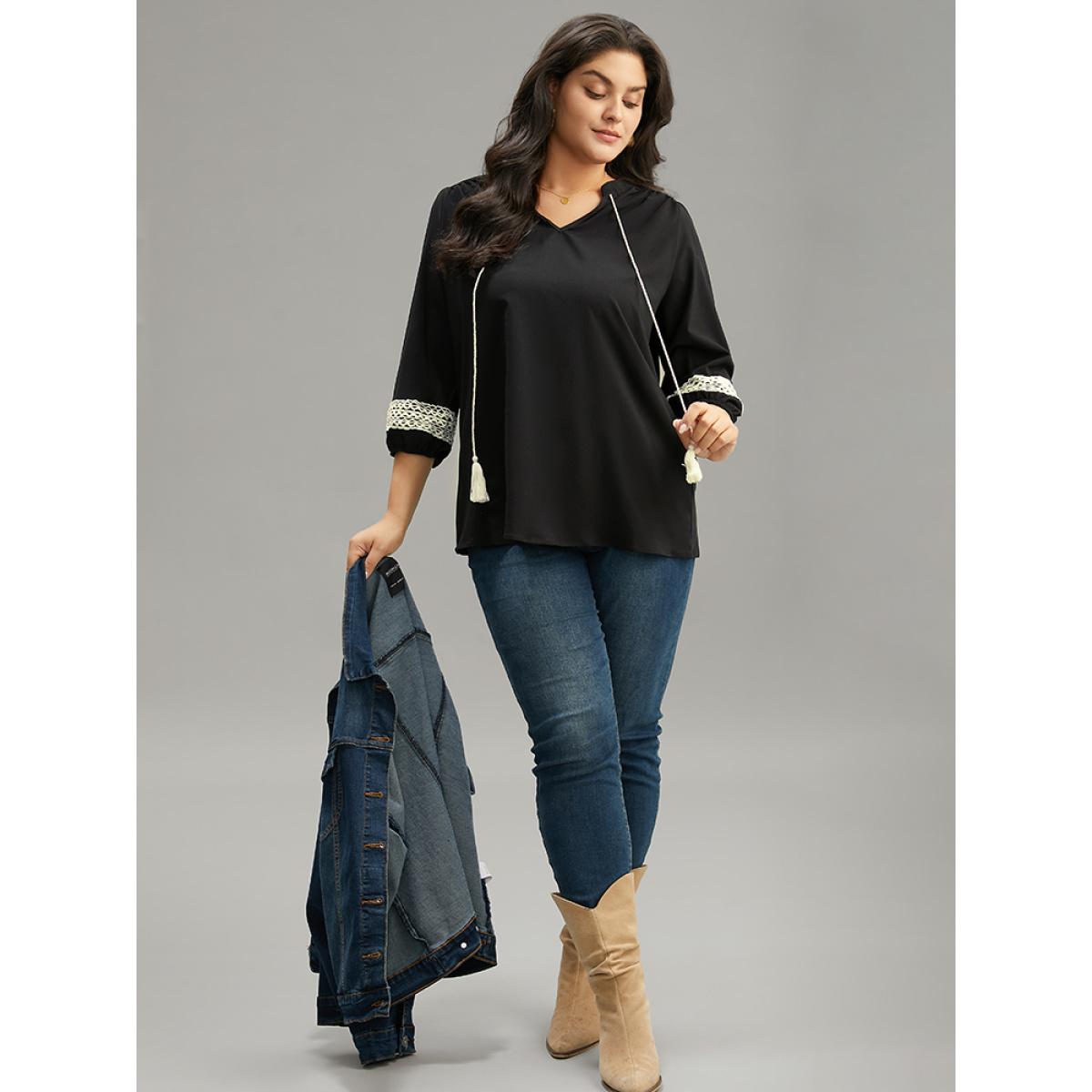 Plus Size Black Patchwork Tassel Trim Knot Lantern Sleeve Blouse Women Vacation Long Sleeve V-neck Dailywear Blouses BloomChic 14-16/1X Product Image