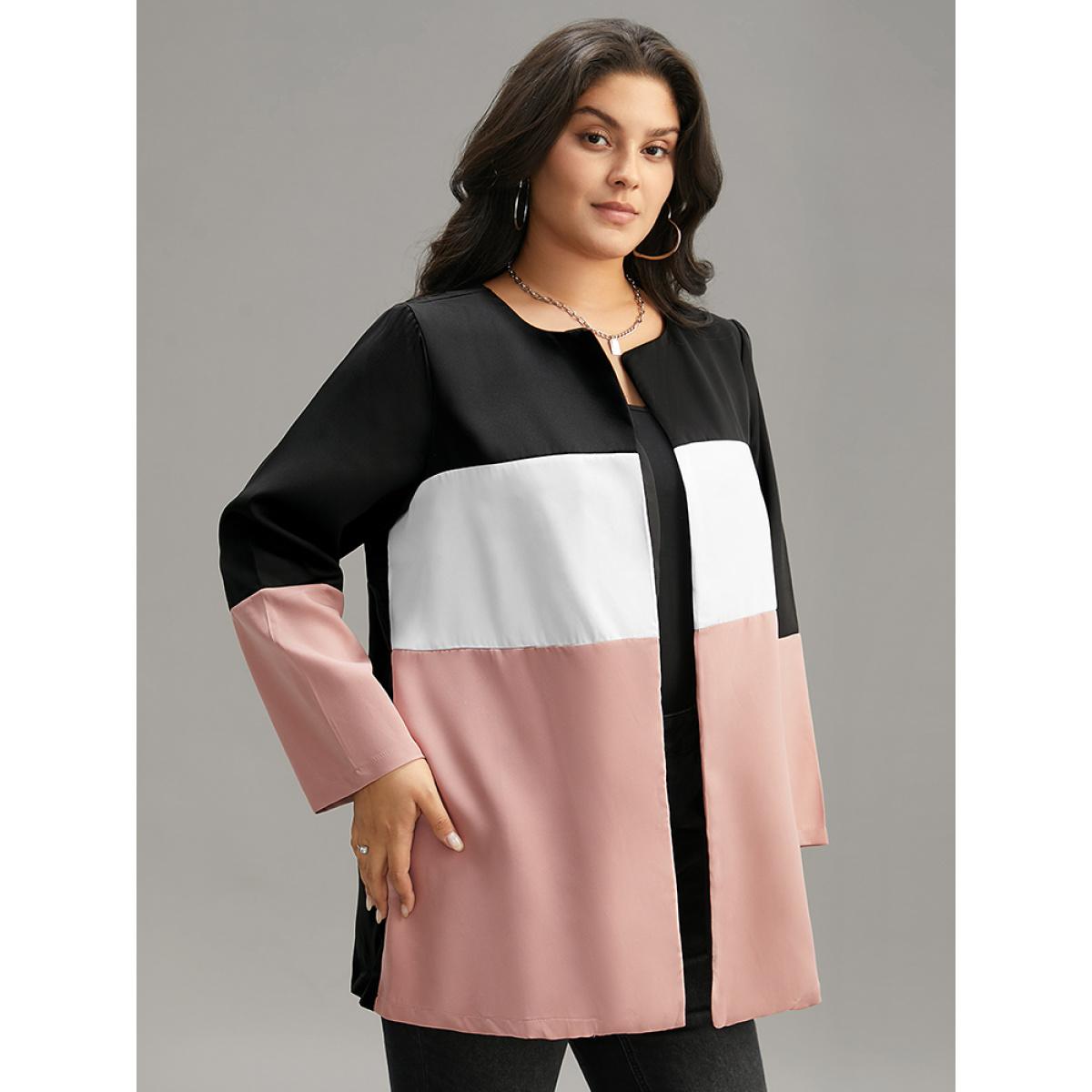 Plus Size Colorblock Contrast Open Front Pocket Coat Women Rouge Casual Contrast Ladies Dailywear Winter Coats BloomChic 10/M Product Image