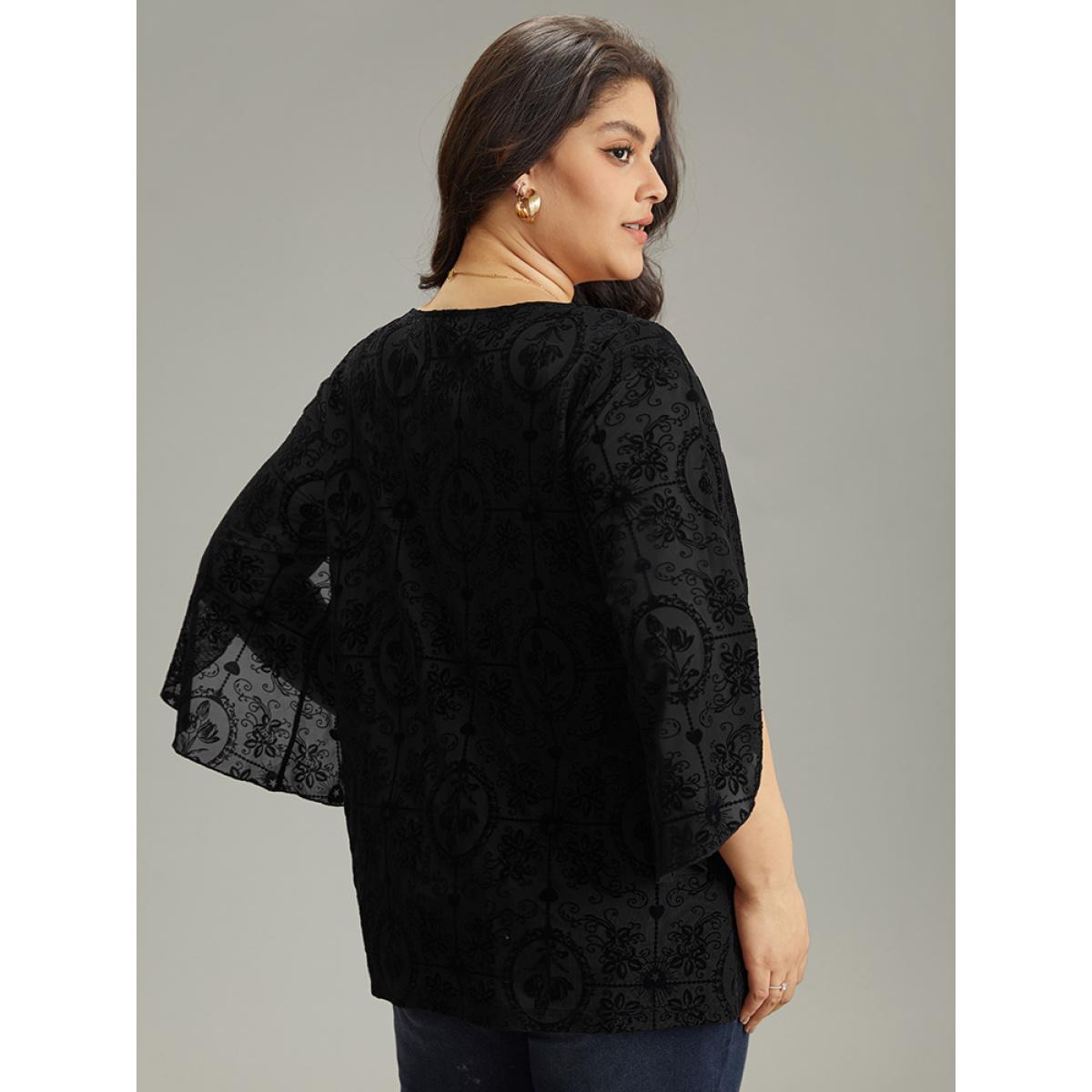 Plus Size Black Silhouette Floral Print V Neck Petal Sleeve Blouse Women Elegant Elbow-length sleeve V-neck Dailywear Blouses BloomChic 30/6X Product Image