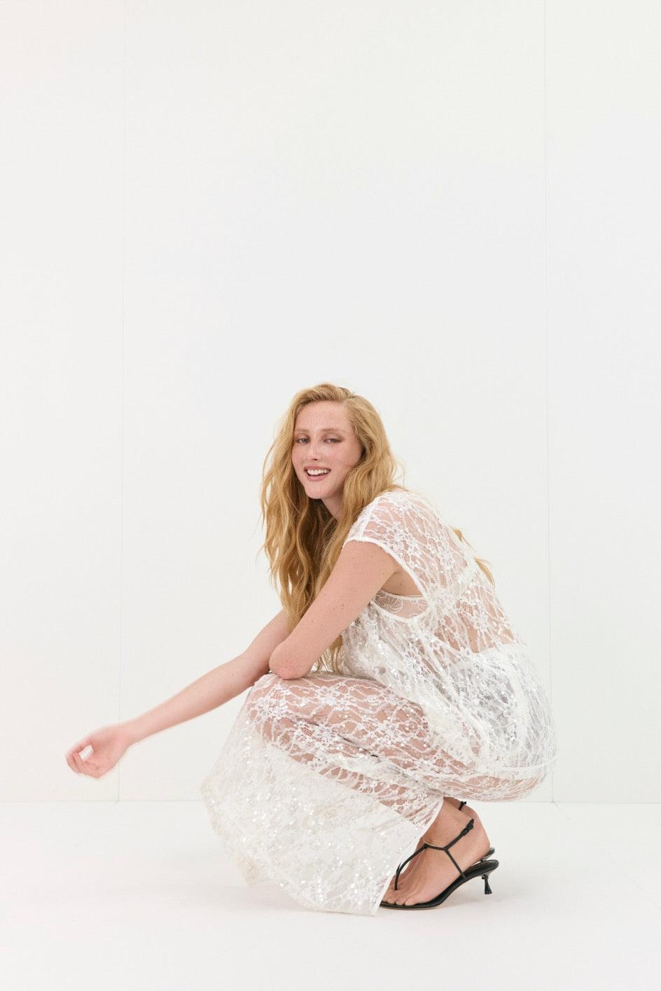 Devyn Sequin Midi Skirt White Product Image