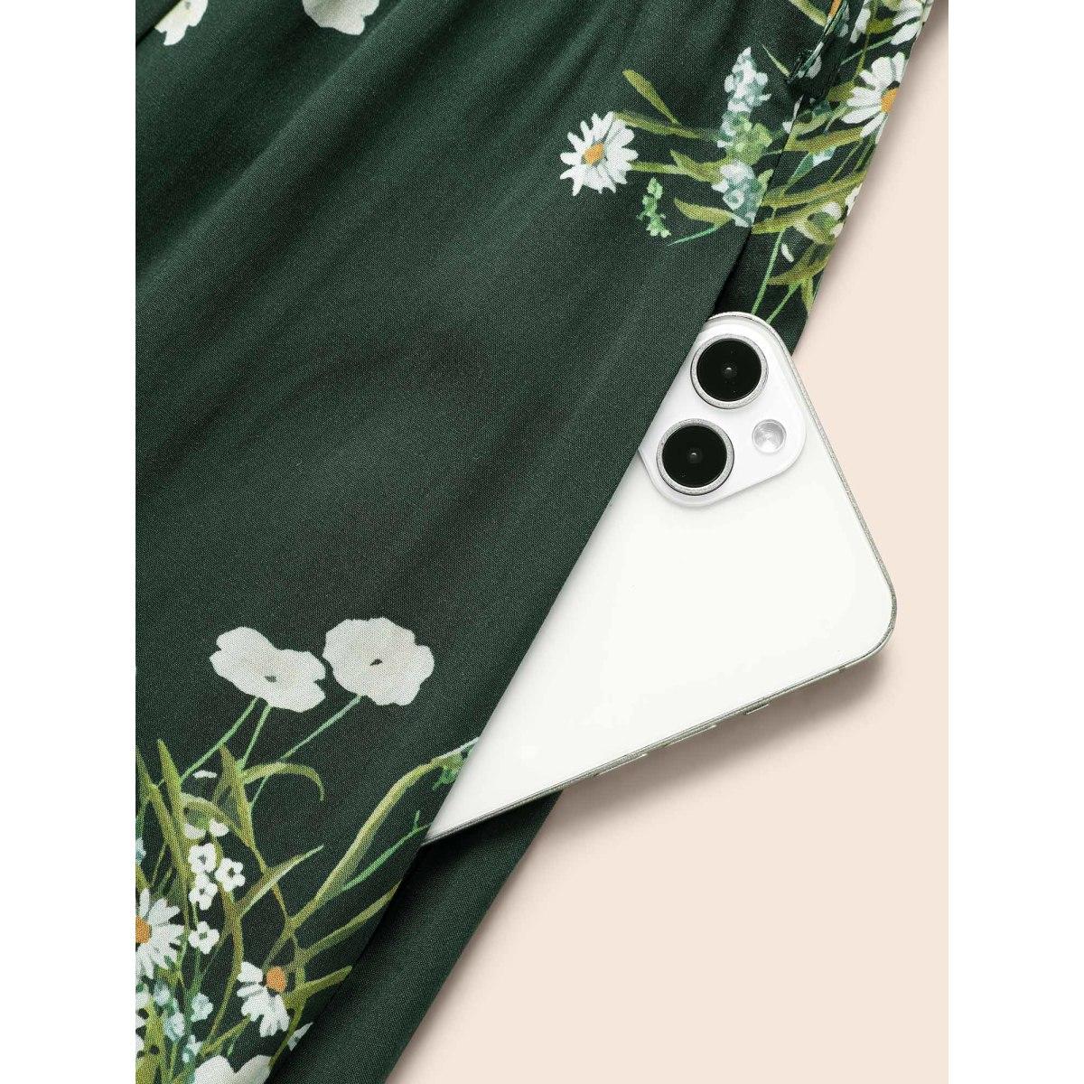 Plus Size Floral Overlap Collar Split Hem Dress Emerald Women Elegant Belted Overlap Collar Half Sleeve Curvy BloomChic 30/6X Product Image