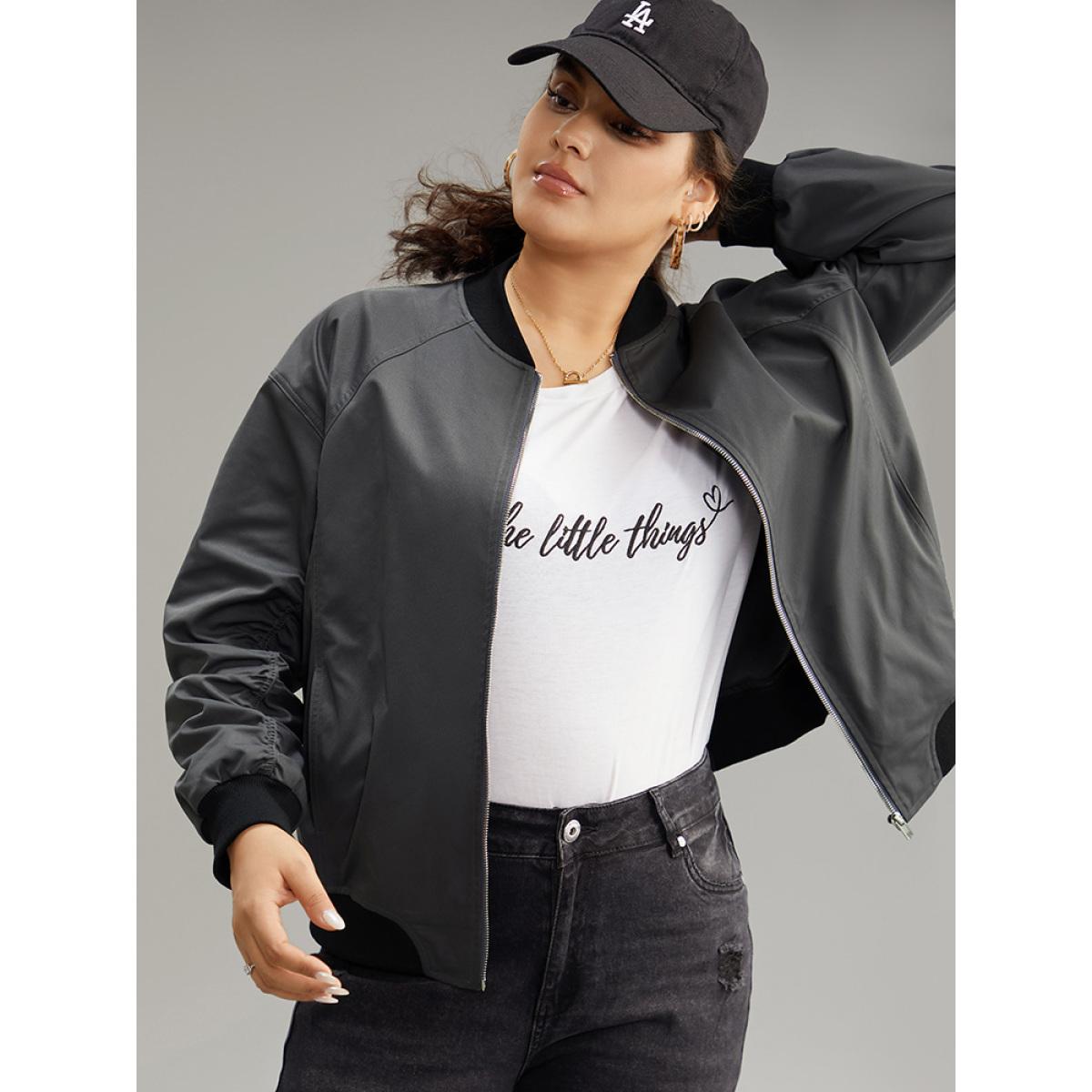 Plus Size Plain Pocket Patchwork Zipper Bomber Jacket Women DimGray Elastic cuffs Pocket Everyday Jackets BloomChic 12/L Product Image