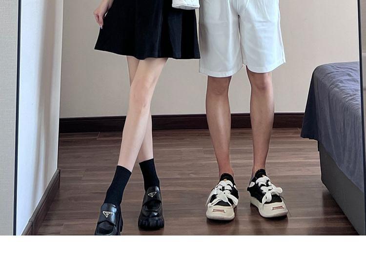 Couple Matching Short-Sleeve Collar Logo Contrast Trim Mini A-Line Dress / Polo Shirt / Mid Rise Plain Shorts Product Image