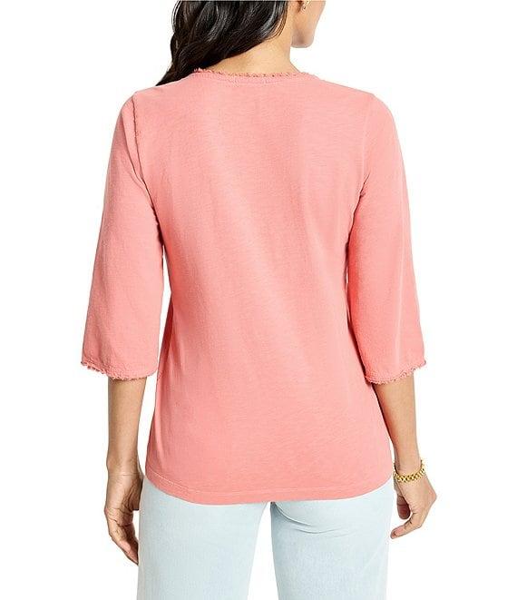 NIC + ZOE Knit V-Neck Elbow Sleeve Fringe Trim Tee Product Image