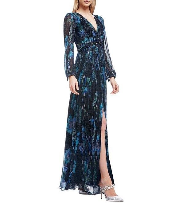 Dress the Population Pauline Metallic Floral Plunge V-Neck Long Sleeve Side Slit Gown Product Image