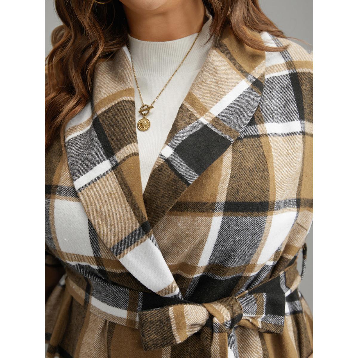 Plus Size Plaid Contrast Belted Lapel Collar Coat Women Tan Casual Belted Ladies Dailywear Winter Coats BloomChic 30/6X Product Image