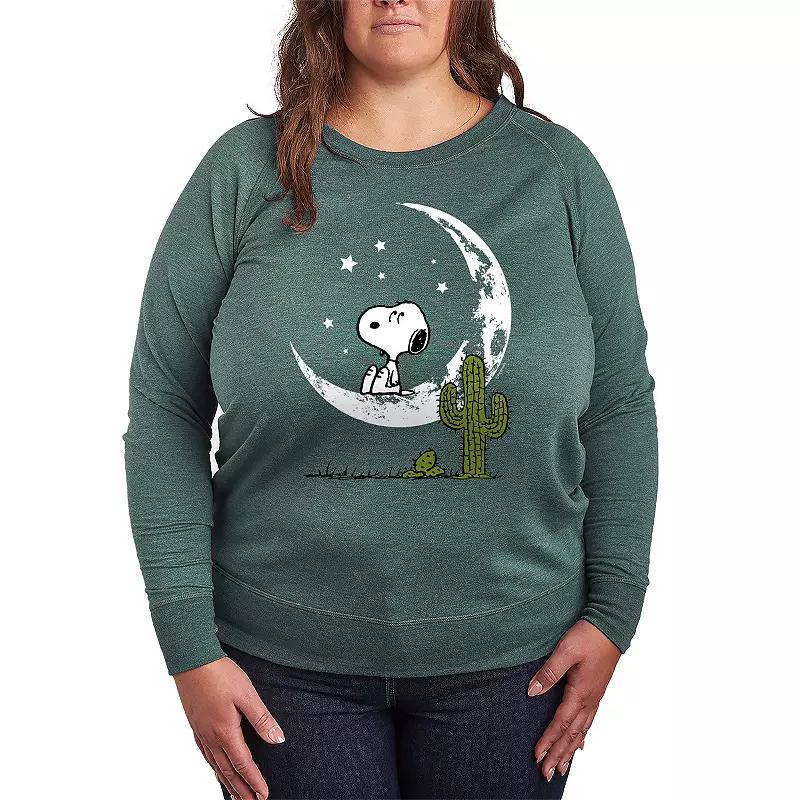 Plus Size Peanuts Snoopy Desert On Moon French Terry Long Sleeve Tee, Womens Grey Green Product Image