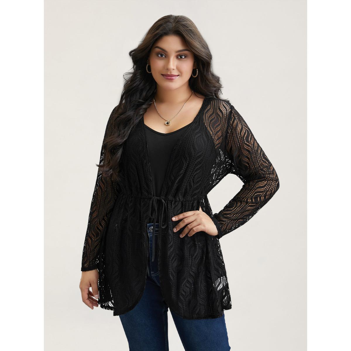 Plus Size Textured Sheer Drawstring Curved Kimono Women Black Elegant Texture Everyday Kimonos BloomChic 26/4X Product Image