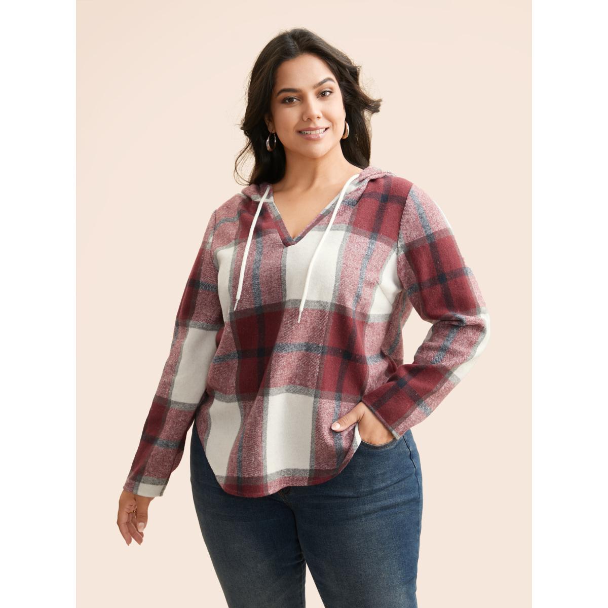 Plus Size Brushed Fabric Plaid Hooded Sweatshirt Women Burgundy Casual Drawstring Hooded Everyday Sweatshirts BloomChic 22-24/3X Product Image