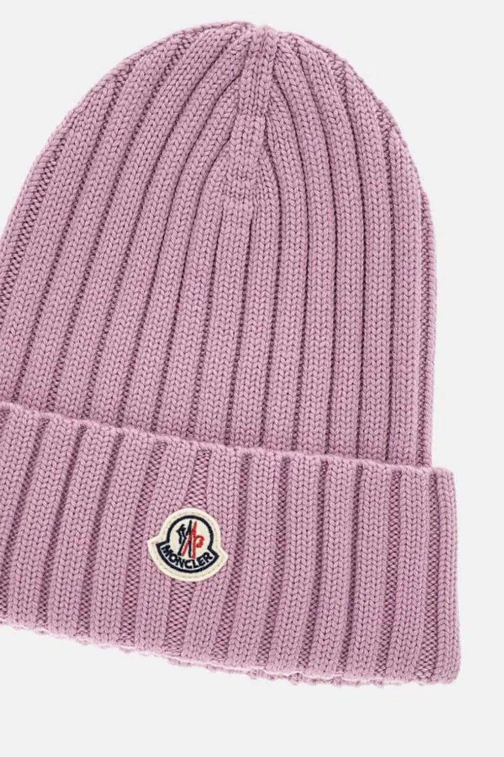 MONCLER Logo Patch Rib Wool Beanie In Purple Product Image