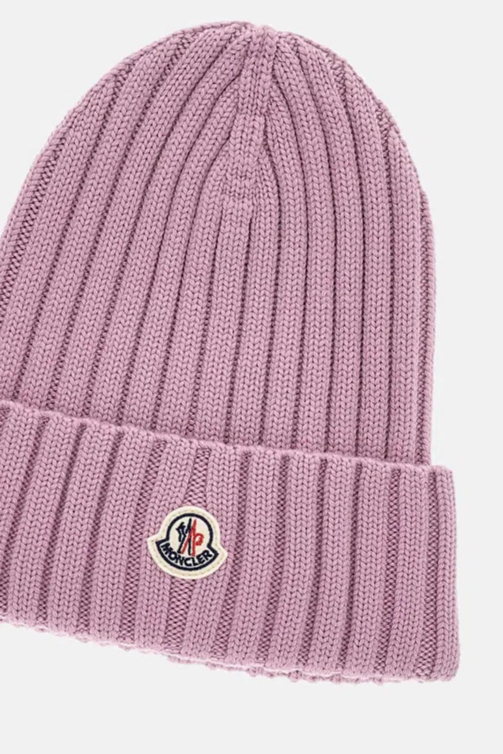MONCLER Logo Patch Rib Wool Beanie In Purple Product Image
