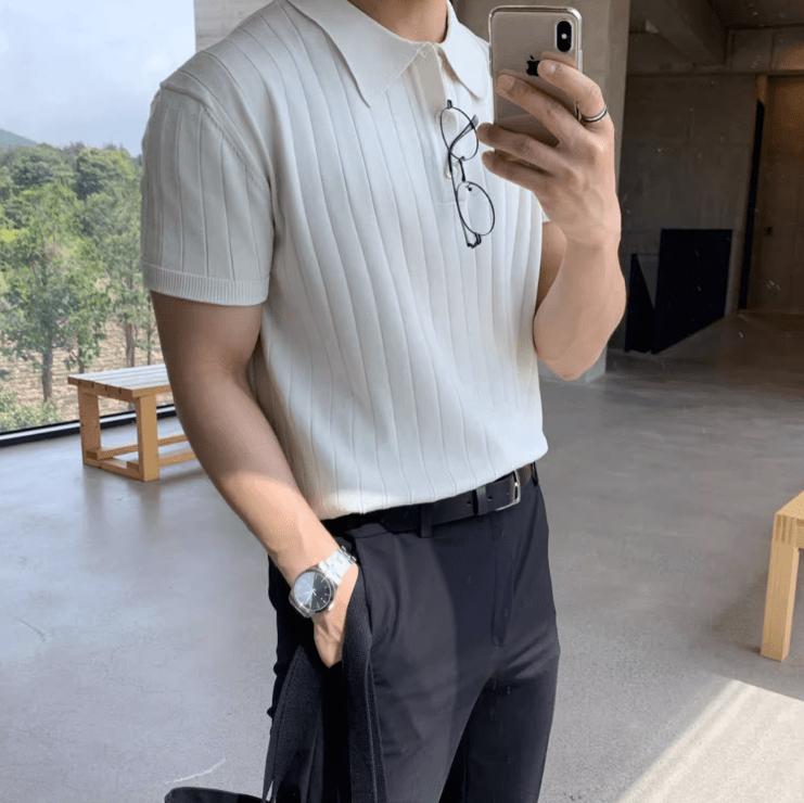 RT No. 9304 VERTICAL KNITTED SHORT SLEEVE COLLAR SHIRT Product Image