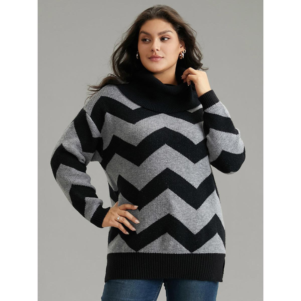 Plus Size Geo Striped Turtle Neck Drop Shoulder Pullover Black Women Casual Loose Long Sleeve Turtleneck Dailywear Pullovers BloomChic 18-20/2X Product Image