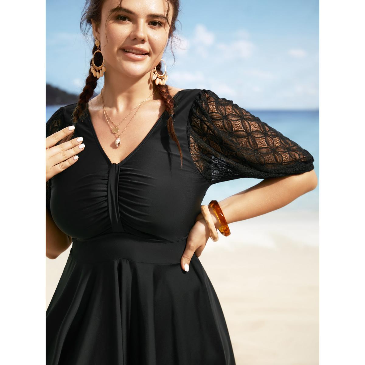Plus Size Crochet Lace Mesh Texture Ruched Swim Dress Women's Swimwear Black Beach Bodycon Heart neckline High stretch Curve Swim Dresses BloomChic 10/M Product Image