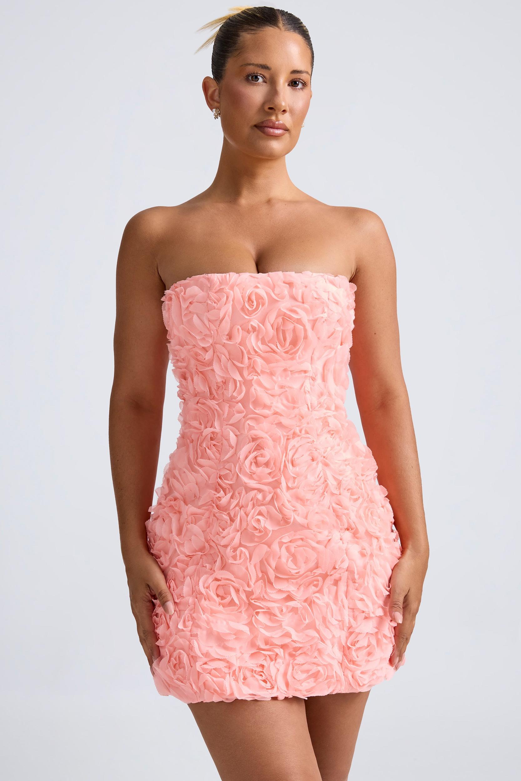 Floral-Appliqué Bandeau A-Line Mini Dress in Coral Product Image