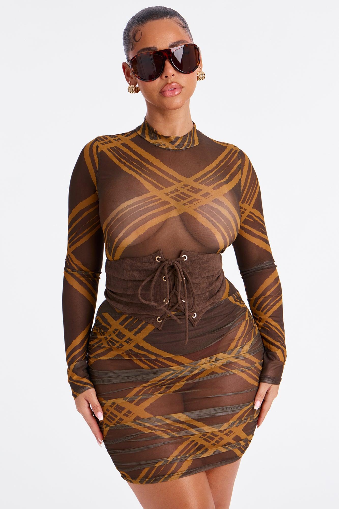 Maya Corset Mesh Mini Dress - Brown/combo Female Product Image