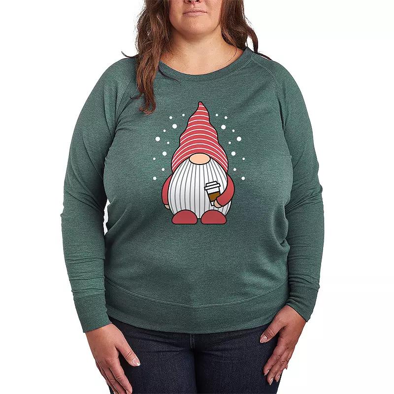 Plus Size Gnome Holding Coffee French Terry Long Sleeve Tee, Womens Grey Green Product Image