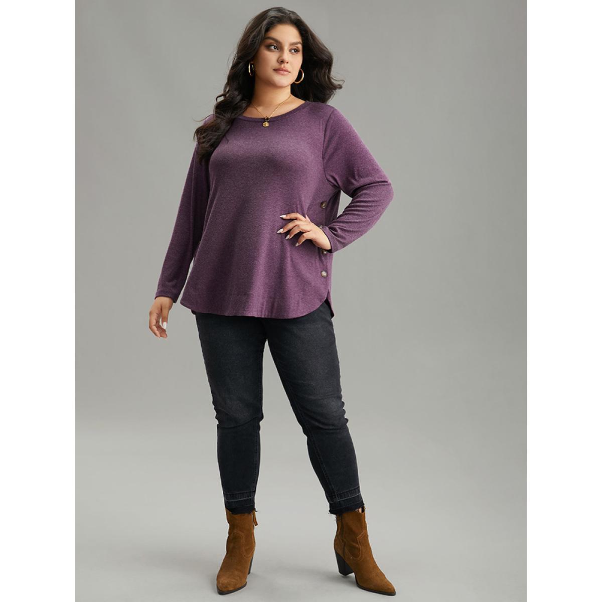 Plus Size Plain Button Detail Curved Hem T-shirt Purple Women Casual Plain Plain Round Neck Dailywear T-shirts BloomChic 10/M Product Image