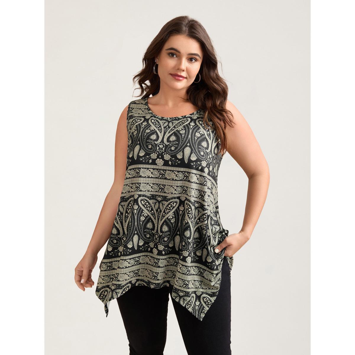 Plus Size Boho Print Flared Tank Top Women Black Casual Asymmetrical Round Neck Everyday Tank Tops Camis BloomChic 14-16/1X Product Image