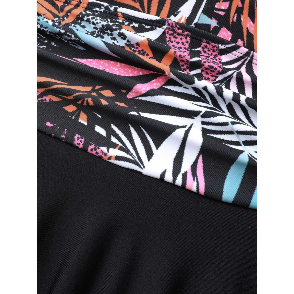 Plus Size Tropical Leaf Print Twist Front Swim Dress Women's Swimwear Black Beach Bodycon Heart neckline High stretch Curve Swim Dresses BloomChic 22-24/3X Product Image
