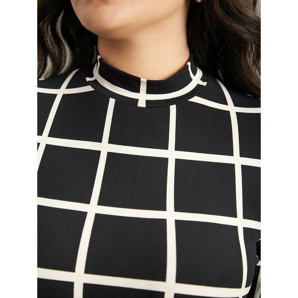 Plus Size Plaid Print Mock Neck Slightly Stretchy Bodysuit Women Black Plaid Contrast Bodysuits BloomChic 12/L Product Image