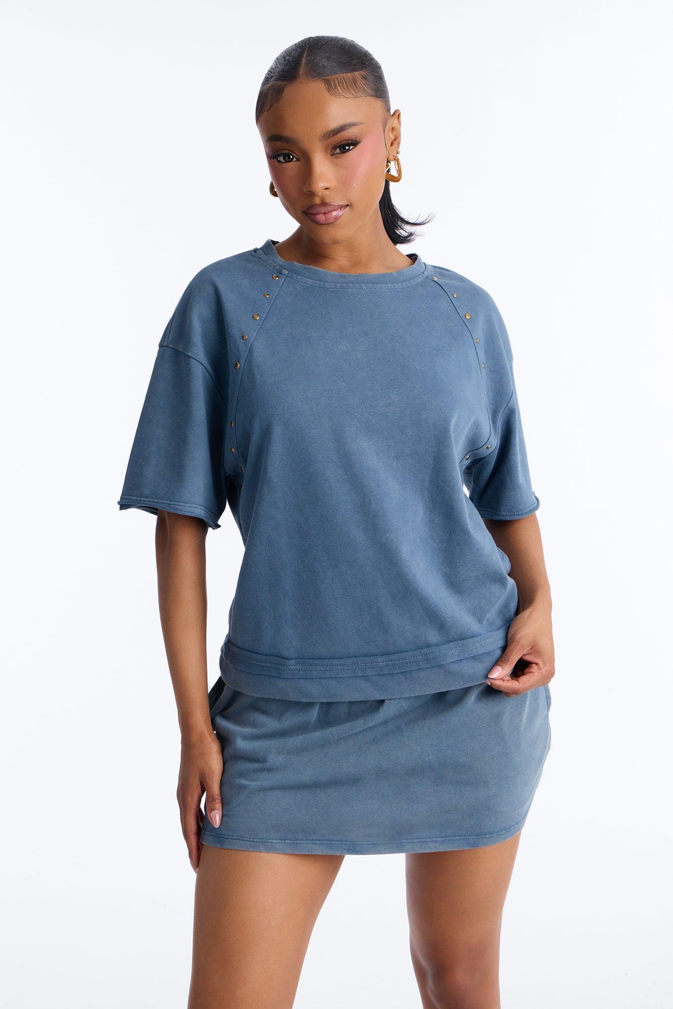 On Repeat Studded Skirt Set - Blue Female Product Image