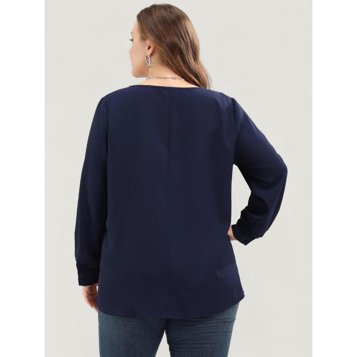 Plus Size Indigo Solid Button Detail Gathered V Neck Blouse Women Elegant Long Sleeve V-neck Dailywear Blouses BloomChic 12/L Product Image
