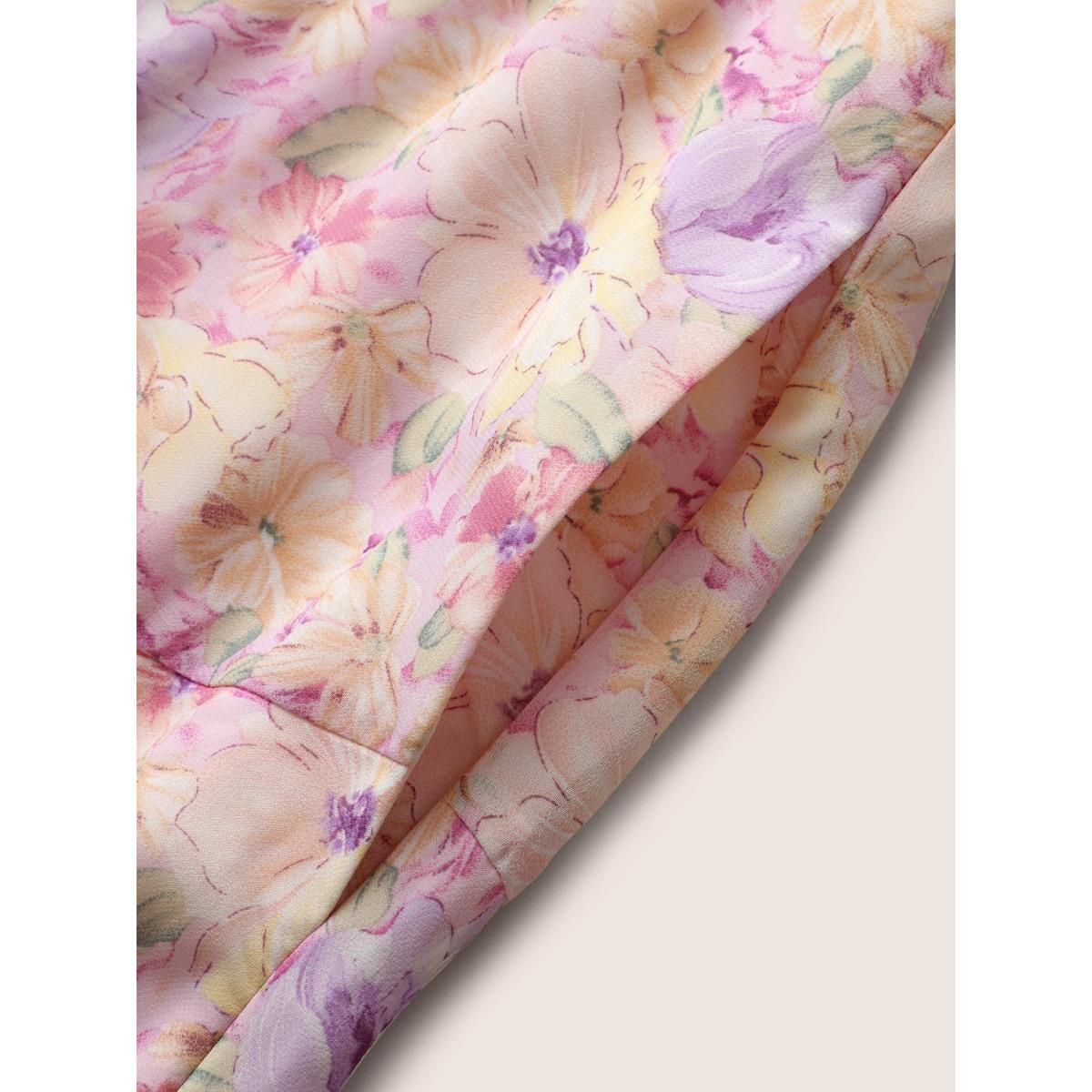 Plus Size Halter Floral Belted Layered Hem Dress Nudepink Women Elegant Halter neck Sleeveless Curvy BloomChic 26/4X Product Image