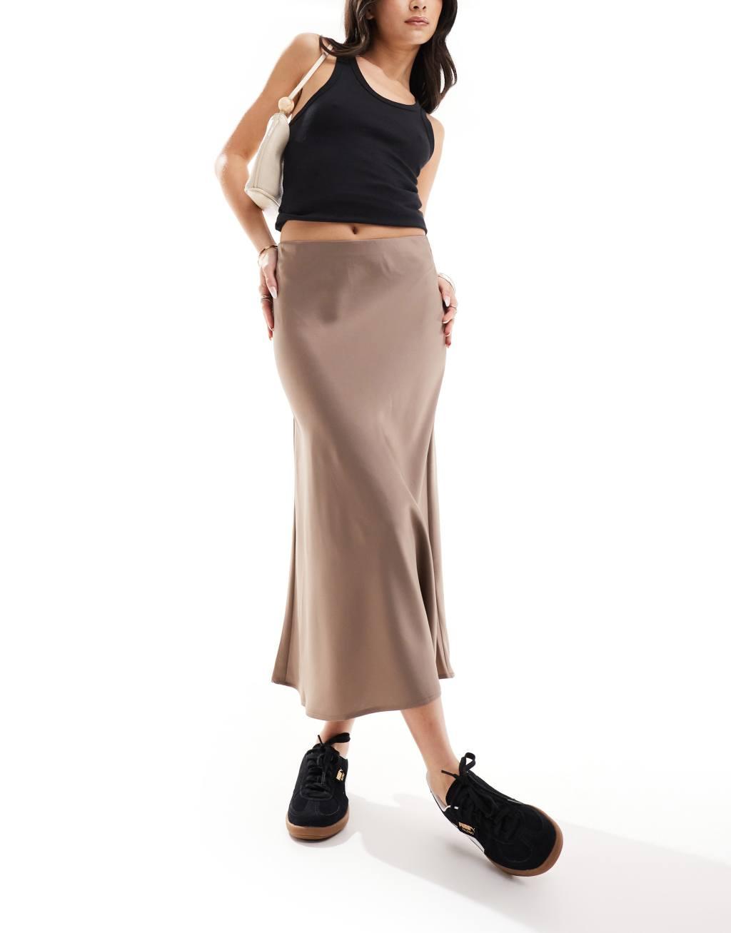 YAS satin midi skirt in mushroom Product Image