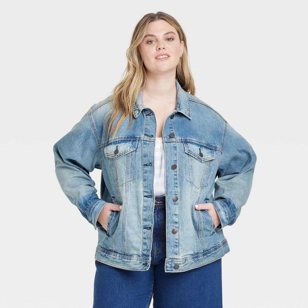 Women's Jean Jacket - Universal Thread™ Medium Wash 2X: Relaxed Fit, Button Down, 4 Pockets, Midweight Denim Product Image