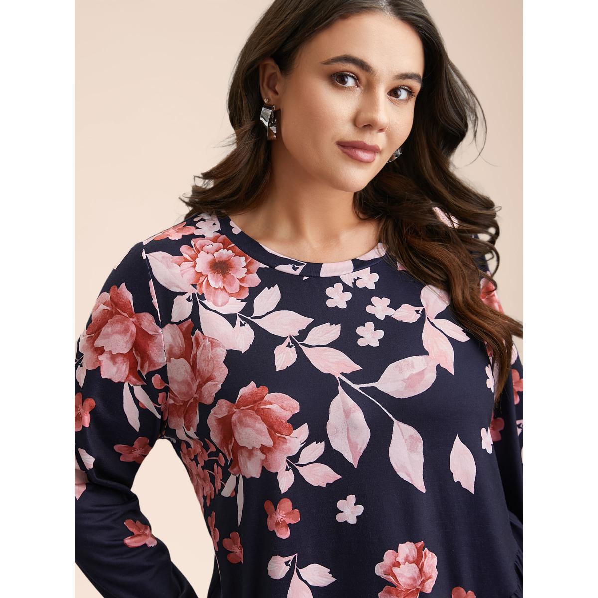 Plus Size Spring Flowers Ruffled Hem T-Shirt Indigo Women Casual Ruffles Natural Flowers Round Neck Everyday T-shirts BloomChic 28/5X Product Image