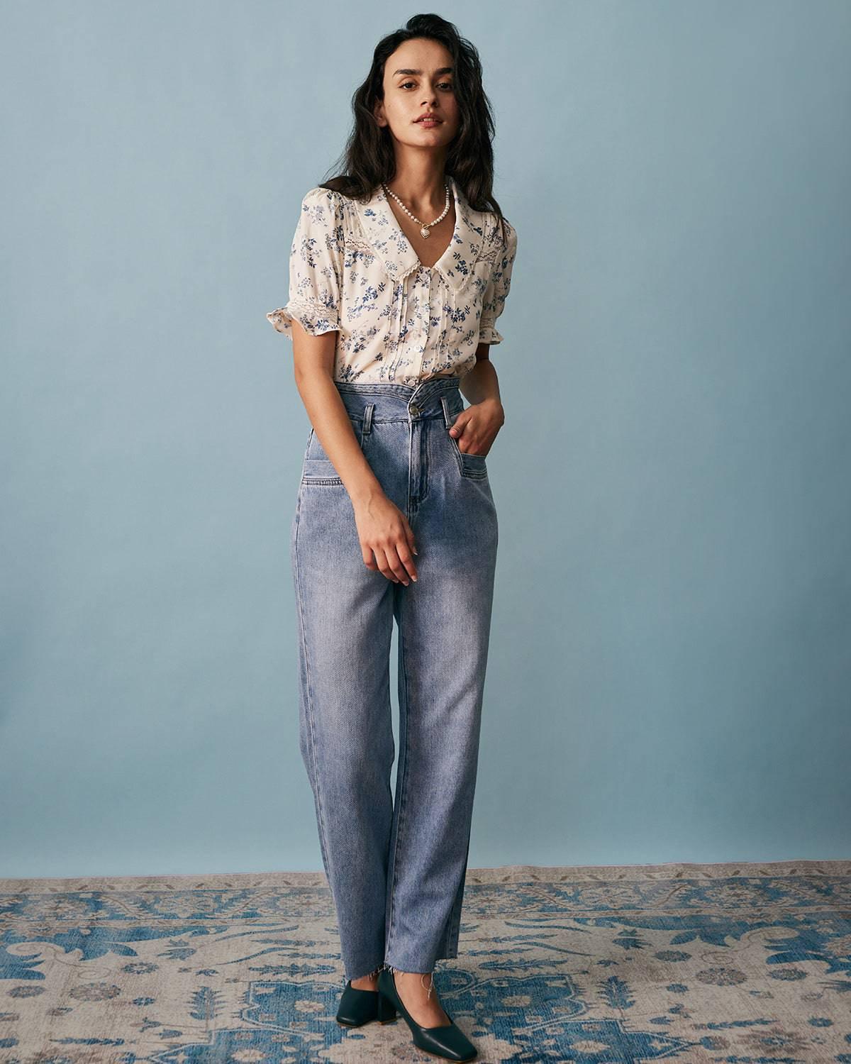 The Lace Spliced Pleated Floral Shirt Female Product Image