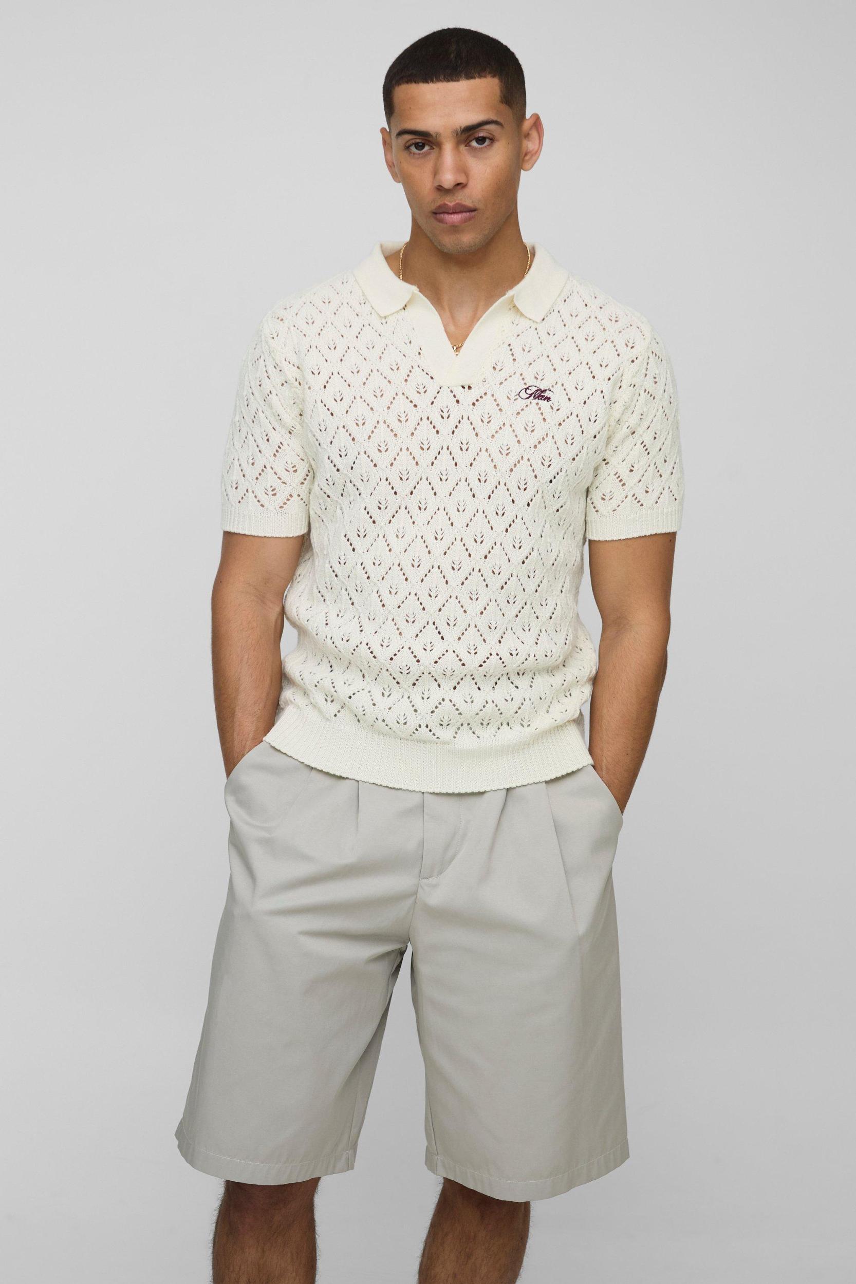 MAN Regular Fit Open Stitch Knitted Polo | boohooMAN USA Product Image