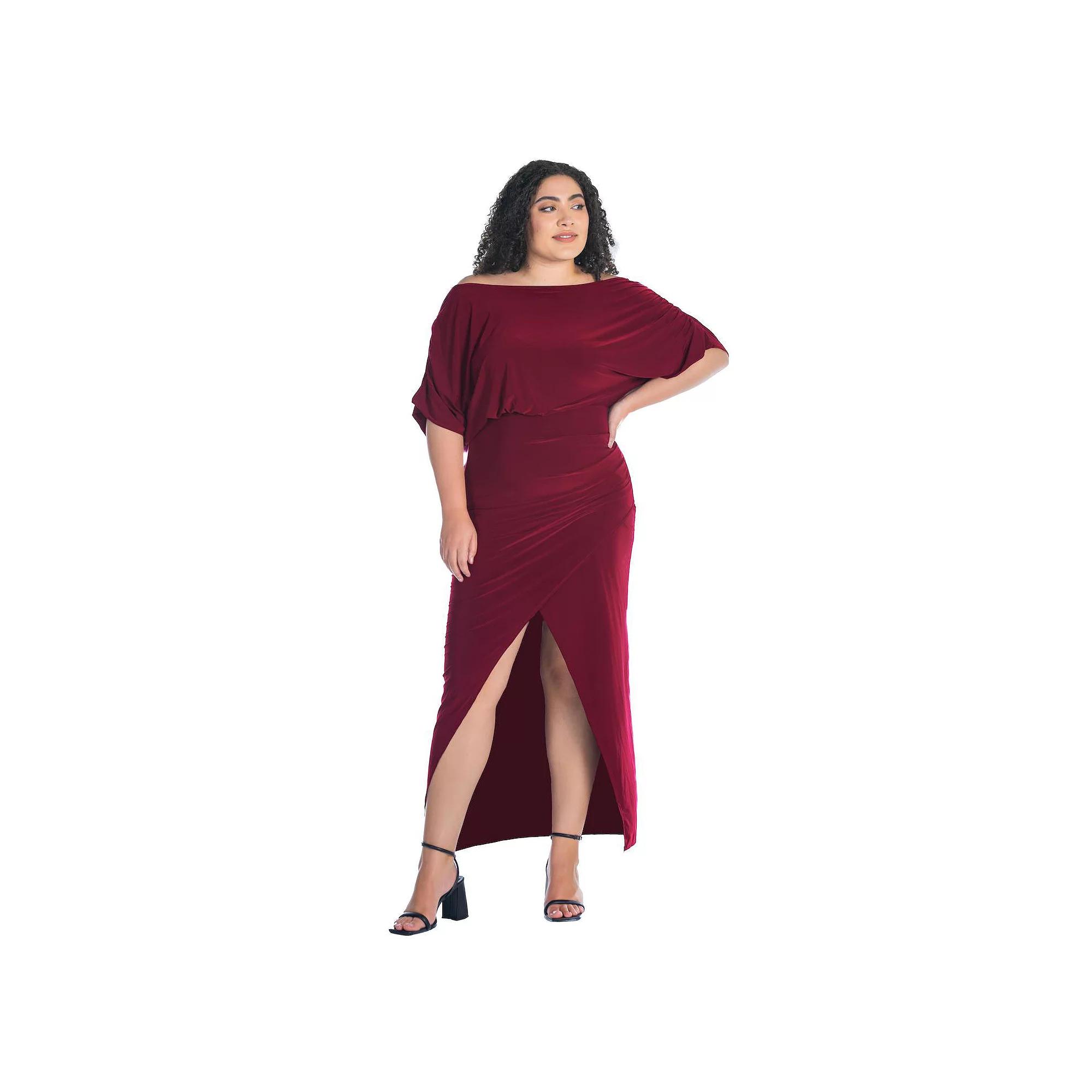 Plus Size 24Seven Comfort Apparel Boat Neck Batwing Sleeve Slit Maxi Dress, Women's, Size: 3XL, Red Product Image