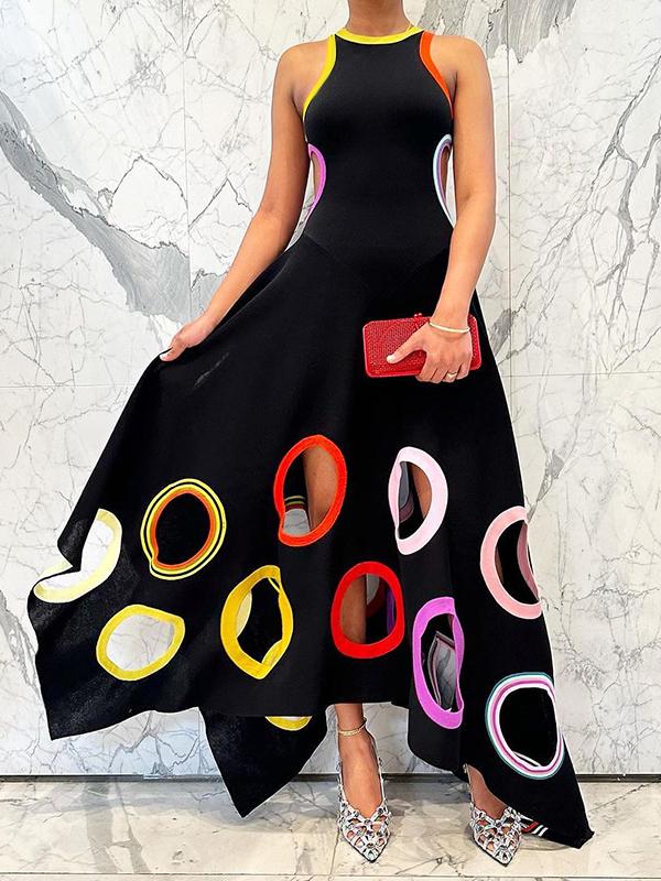 A-Line High Waisted Contrast Color Hollow Round-Neck Maxi Dresses Product Image