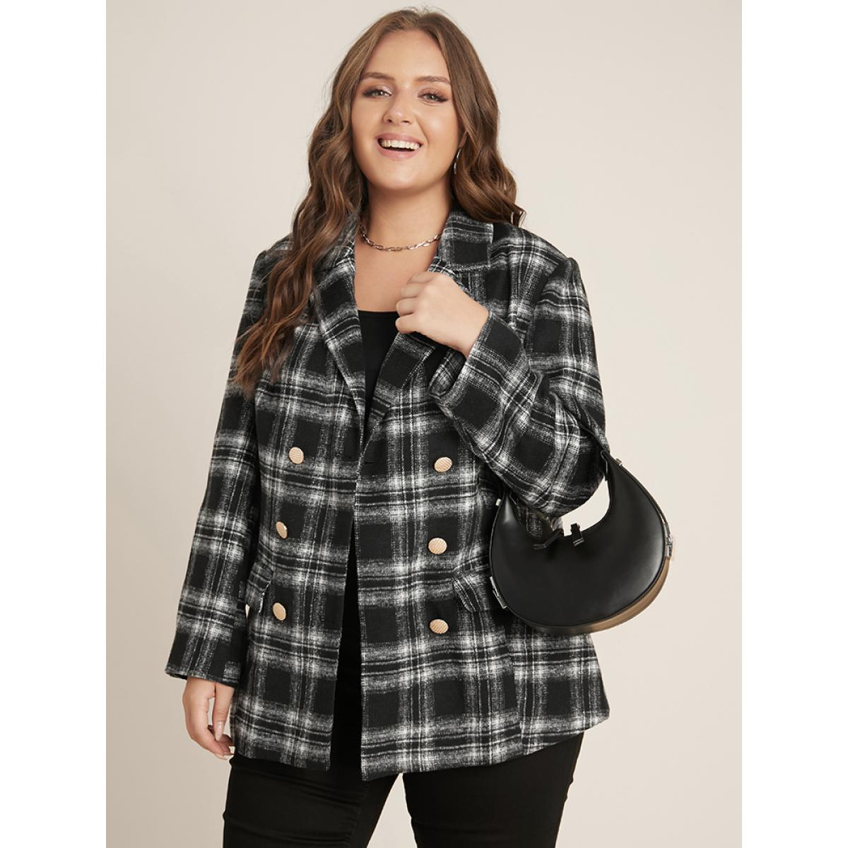 Plus Size Plaid Flap Pocket Button Up Suit Collar Blazer Black Women Dailywear Plaid Button Sleeve Long Sleeve Suit Collar 26/4X Pocket Casual Blazers BloomChic Product Image