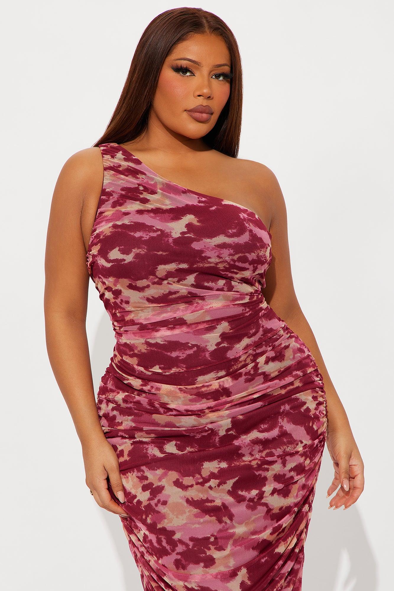 Bella Ruched Mesh Midi Dress - Burgundy/combo Female Product Image