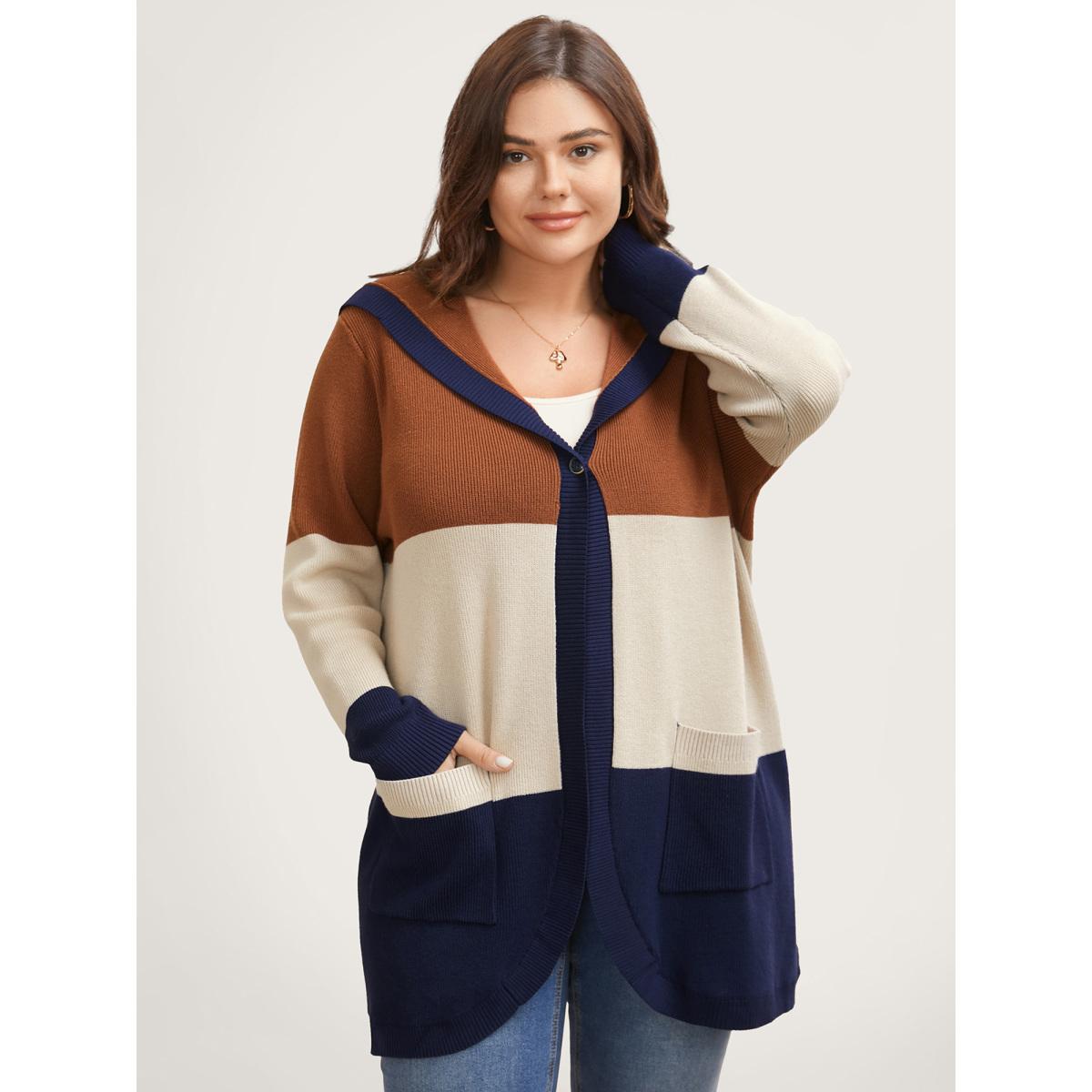 Plus Size Colorblock Contrast Patched Pocket Hooded Cardigan Browncoffeecolor Women Leisure Loose Long Sleeve Casual Cardigans BloomChic 10/M Product Image