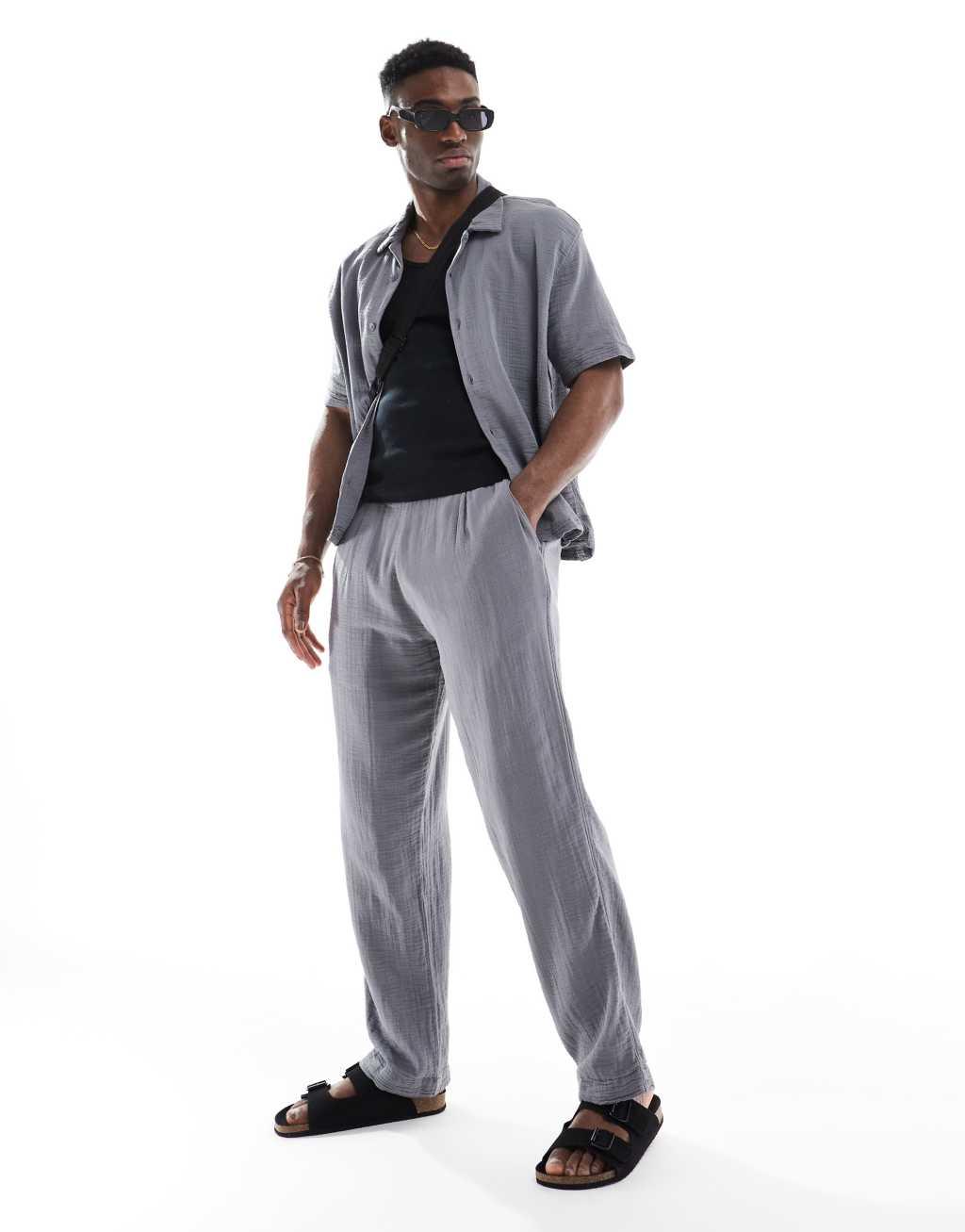 Bershka textured camp collar shirt in gray - part of a set Product Image