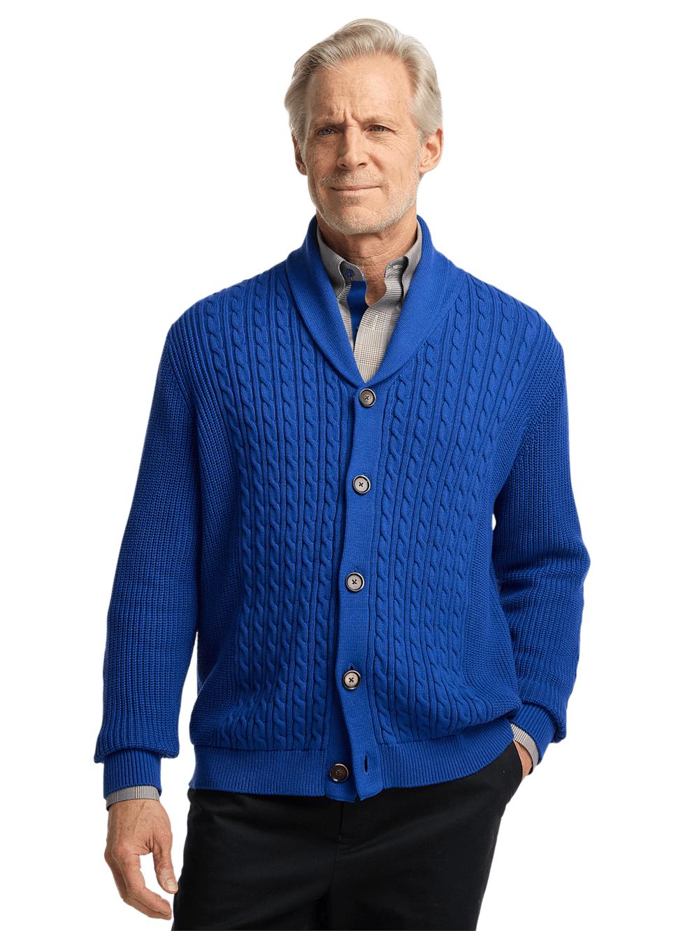 Cotton Cable Button Front Shawl Collar Cardigan - Cobalt Product Image