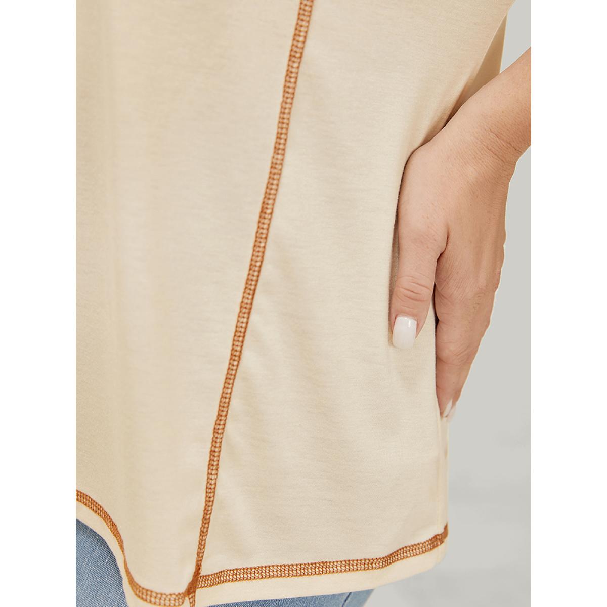 Plus Size Floral Lace Insert Stitch Trim T-shirt Beige Women Elegant Plain V-neck Dailywear T-shirts BloomChic 28/5X Product Image