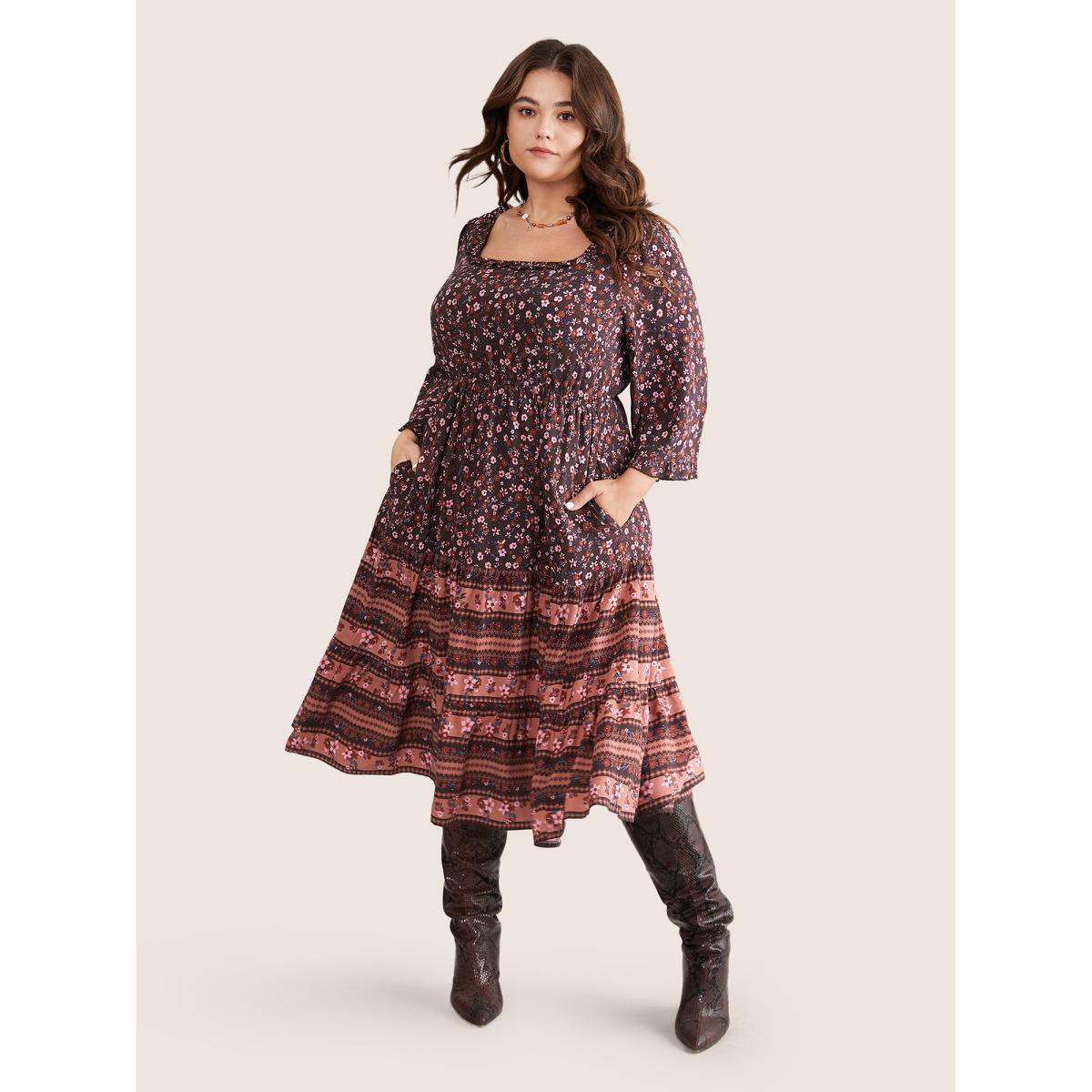 Plus Size Ditsy Floral Patchwork Square Neck Frill Trim Dress Russet Women Vacation Elastic cuffs Square Neck Elbow-length sleeve Curvy Midi Dress BloomChic 10/M Product Image